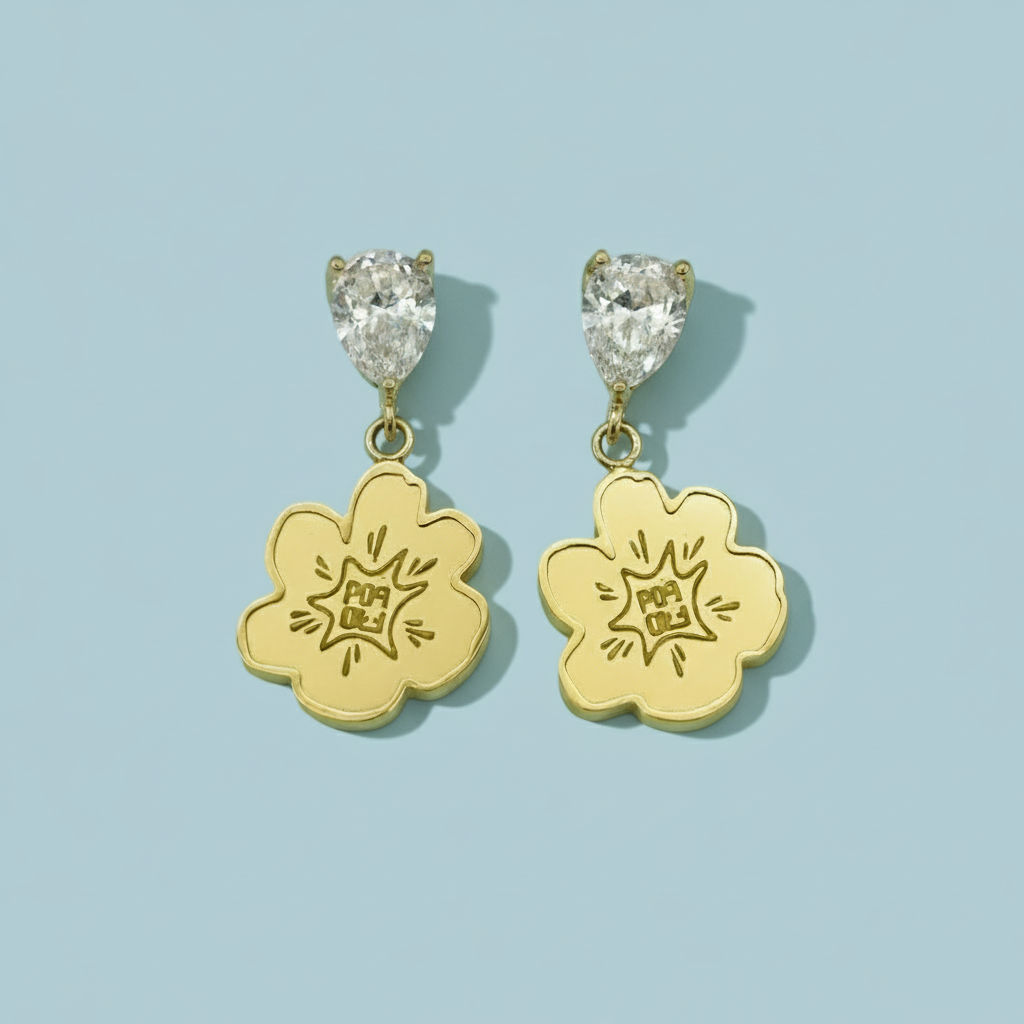 Gold earrings with floral design and clear gemstones on a white background