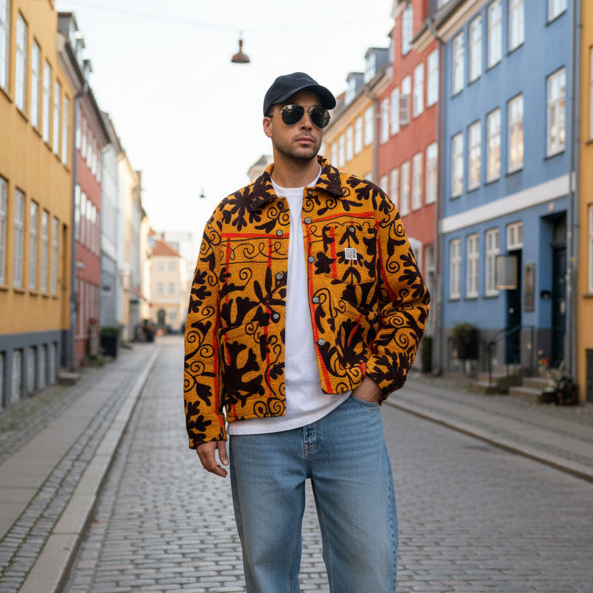 Floral patterned jacket on a beige background