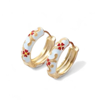 THE GOLD ENAMEL FLORAL EARRING // gold white red pink