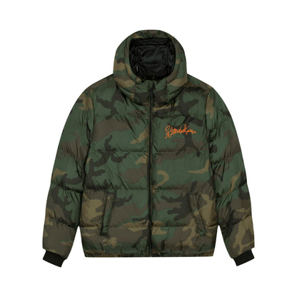 THE POP PUFFER // camo & orange logo front