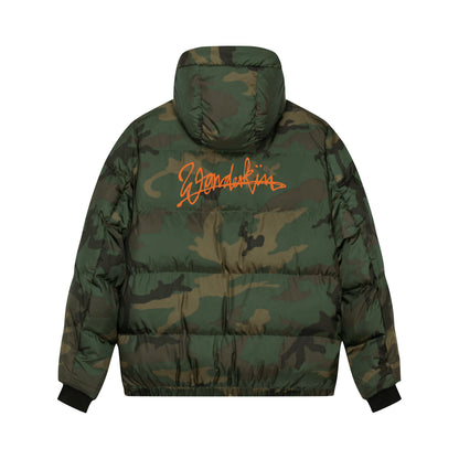 THE POP PUFFER // camo & orange logo back