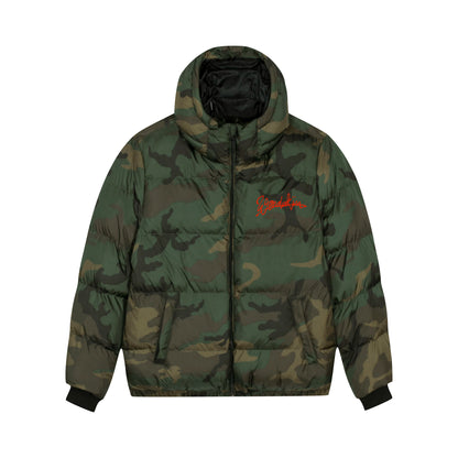 THE POP PUFFER // camo & red street logo front